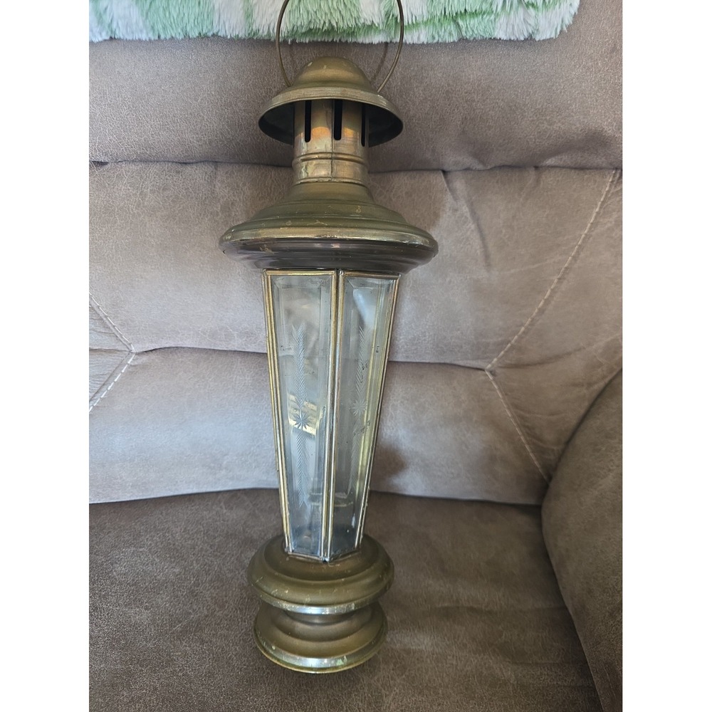 Vtg Turkish Brass Paneled Elegant Etched Glass Candle Lantern I/O Lighting